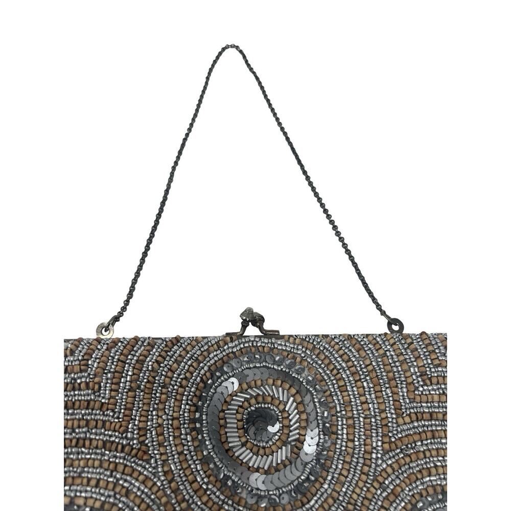 y2K White House Black Market Silver & Wood Beaded Party Clutch Purse Chain Strap - Picture 4 of 9